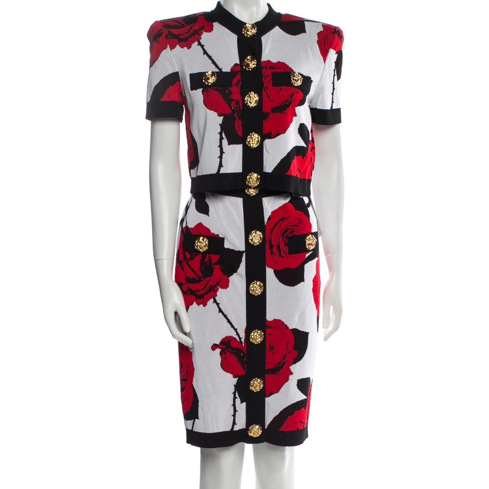 Balmain Black and Red Rose Skirt Set